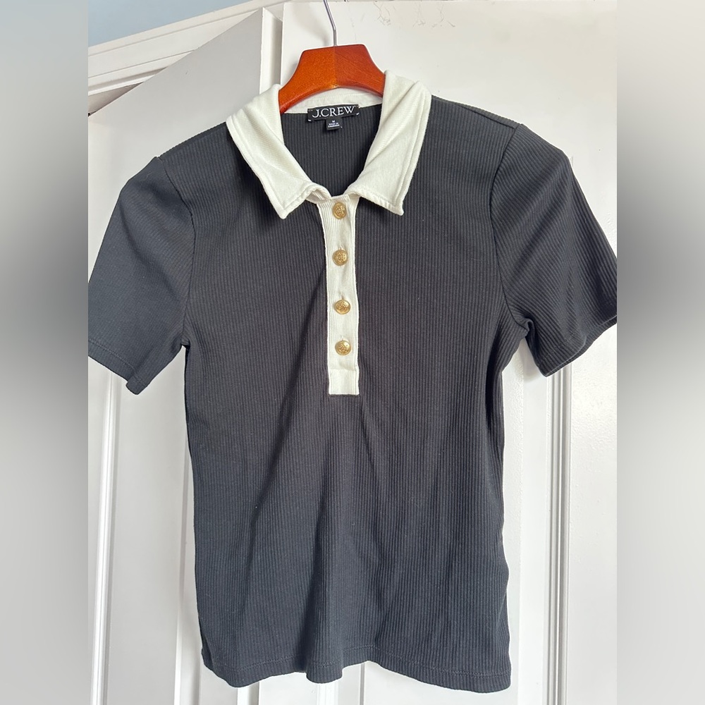 J. Crew Women's Black and Cream Polo Blouse